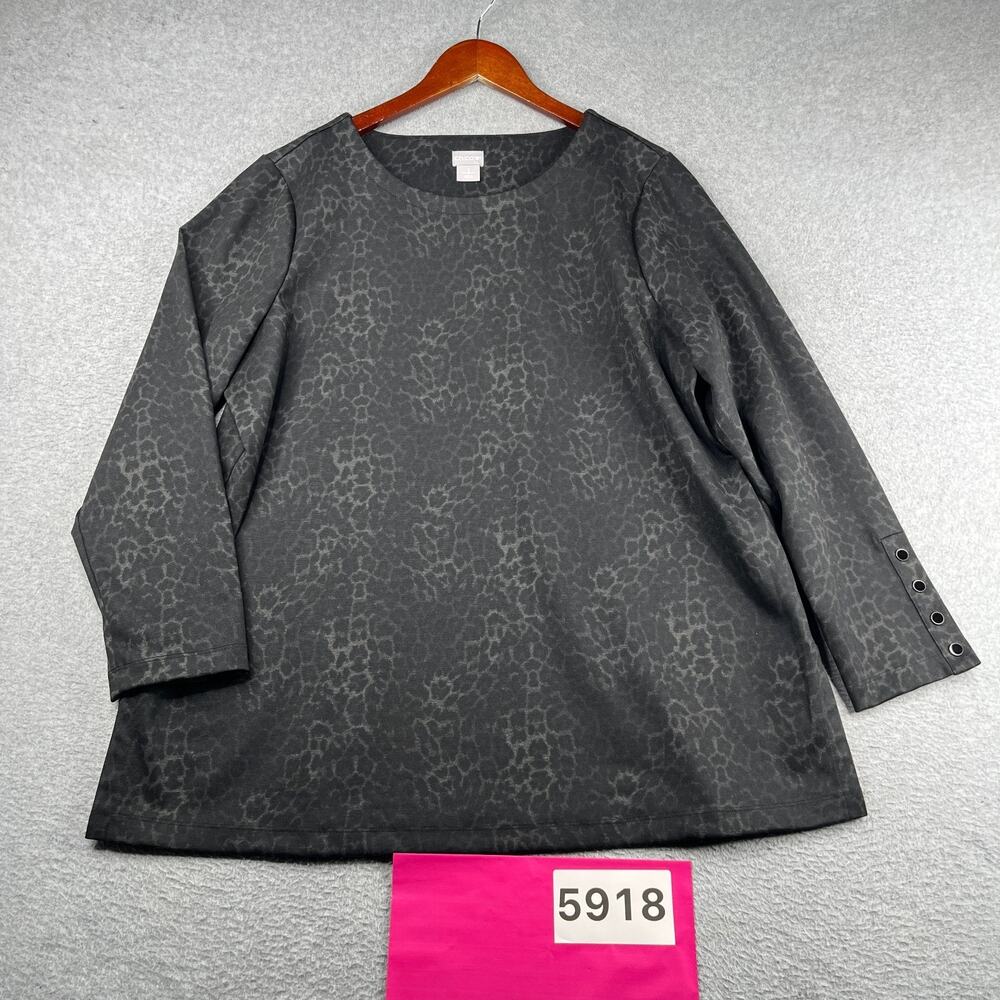 Chicos Blouse Womens Size XL Black Gray Animal Print Snall Cuff Casual